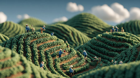 Agricultural workers on the top of the hill. 3d renderingの素材
