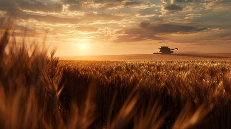 Combine harvester in wheat field at sunset. 3D renderingの素材