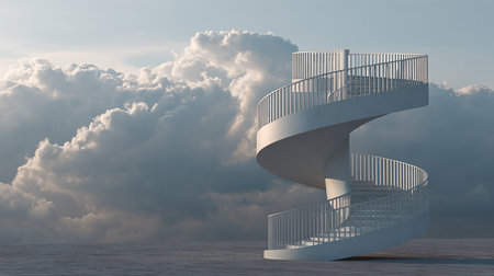 Staircase in the sky with clouds. 3D rendering.の素材