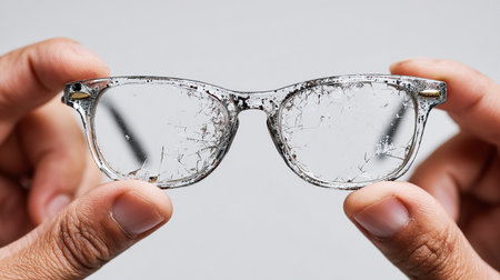 Closeup of man's hand holding broken eyeglasses on grey backgroundの素材