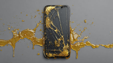 Smartphone with gold splashes on gray background. 3d renderingの素材