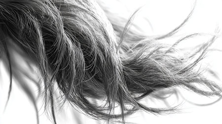 closeup of hair on white background in black and white tone.の素材