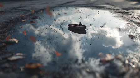 Falling leaves in a puddle. 3d render, 3d illustration.の素材