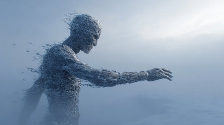 3d rendering of a human figure in water with foggy backgroundの素材