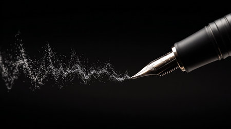 Fountain pen flying in the air on a black background with dust particlesの素材