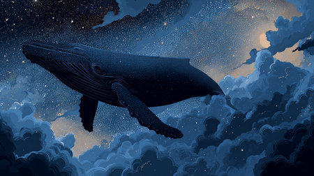 Humpback whale in the night sky. 3D illustration.の素材