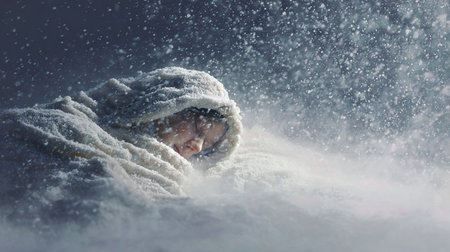 Portrait of newborn baby boy covered with blanket in winter snowfallの素材
