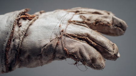 Old dirty leather glove, isolated on gray background. Selective focus.の素材