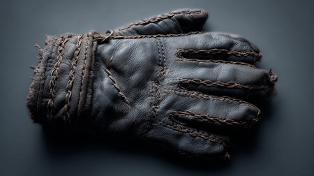 Pair of black leather gloves on a dark background. Toned.の素材