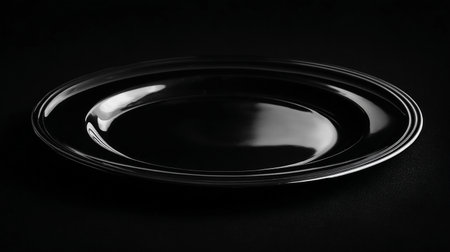 Empty plate on a black background. Close-up. Copy space.の素材