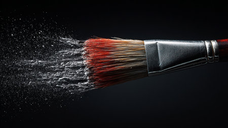 Paintbrush with splashes of paint on a black background.の素材