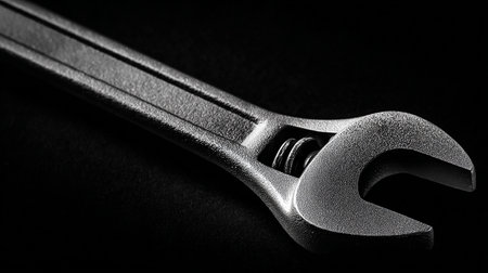 Adjustable wrench on a black background close-up. Black and white photo.の素材