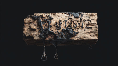 Ancient Chinese hieroglyphs on a piece of wood on a black backgroundの素材