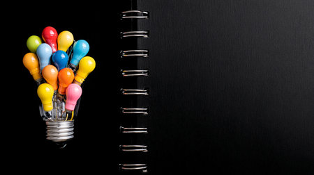 Colorful lightbulb and notebook on black background with copy spaceの素材