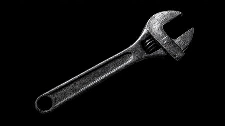 Adjustable wrench on black background. Close up. Monochrome.の素材