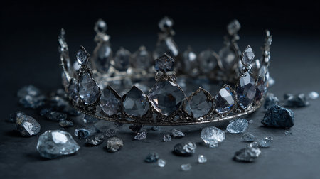 low key image of beautiful queen/king crown with diamonds on black backgroundの素材