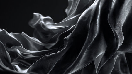 closeup of rippled white silk fabric on black background studioの素材