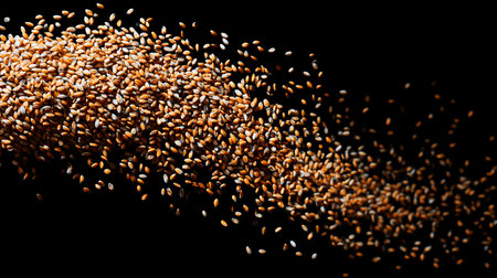 close up of golden flax seeds on black background with copy spaceの素材
