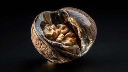 Walnut in a glass bowl on a black background. 3d renderingの素材