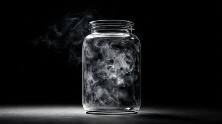 Empty glass jar with smoke isolated on black background. Front view.の素材