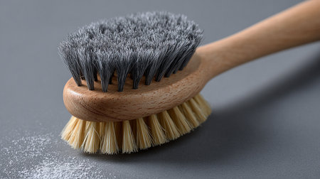 Wooden brush for cleaning on a gray background, close-upの素材