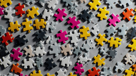 Colorful jigsaw puzzle pieces on grey background, top view.の素材