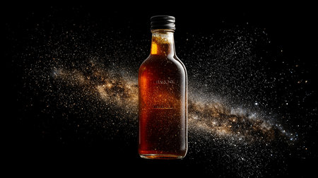 Whiskey bottle with golden dust on black background. Mixed mediaの素材
