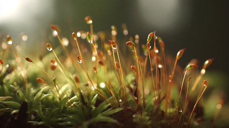 Macro of moss with dew drops in the forest. Nature backgroundの素材