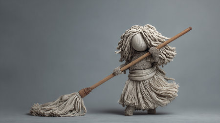 A scarecrow made of wool with a broom on a gray backgroundの素材