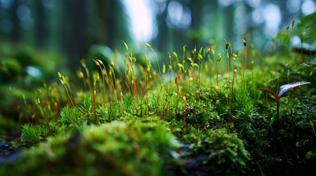 Moss in the forest on a rainy day. Shallow depth of field.の素材