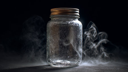 Empty glass jar with smoke on dark background. Selective focus.の素材