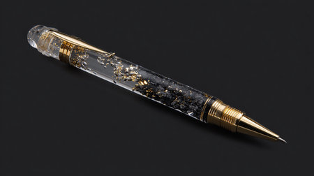 Closeup of a golden fountain pen on black background with copy spaceの素材