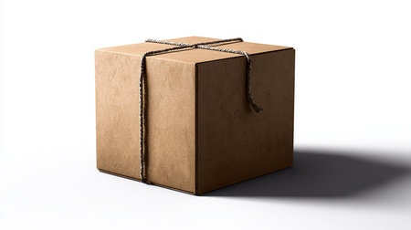Brown cardboard box tied with a rope on a white background with shadowの素材