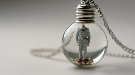 A miniature of a businessman inside a glass light bulb on a white backgroundの素材