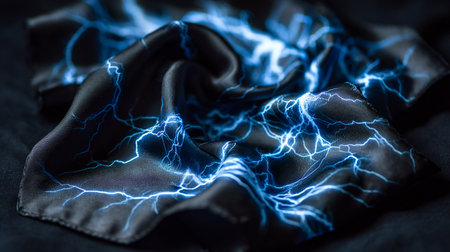 Blue electric lightning strike on black fabric. Abstract background with lightning.の素材
