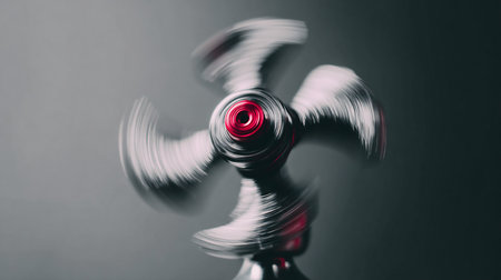 Close up of a spinning propeller on a dark background with copy spaceの素材