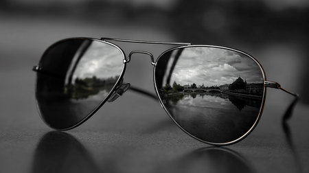 Sunglasses with reflection of the lake and mountains in the lensの素材