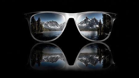 Sunglasses with reflection of mountains and lake on black background.の素材