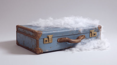 Old suitcase with smoke on a white background. 3d illustration.の素材