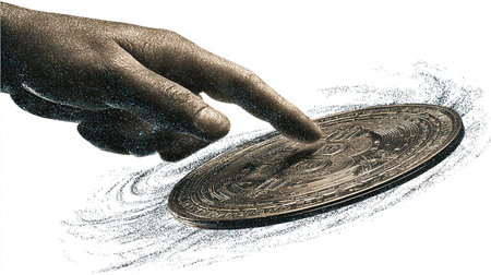 Digital currency physical metal bitcoin coin. Digital money. Cryptocurrency concept.の素材