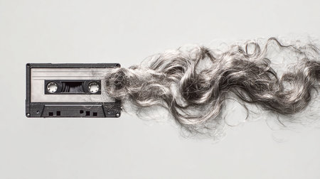 Curly silver hair and audio cassettes on a white background.の素材