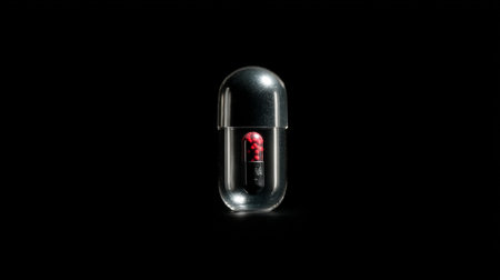 Red pill on a black background. Isolated on black background.の素材