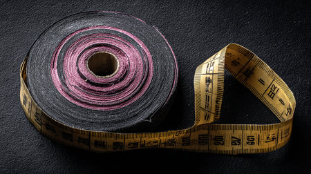 Measuring tape wrapped around a roll of black cloth on black backgroundの素材
