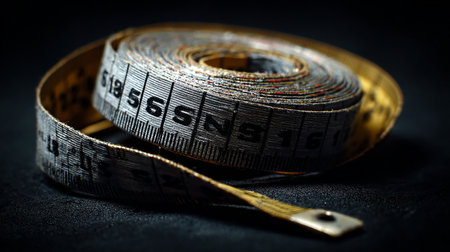 Close up of a measuring tape on a black background. Selective focus.の素材