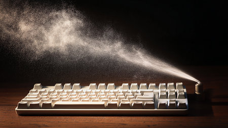 Highly rendering of a computer keyboard being sprayed with a spray of water.の素材