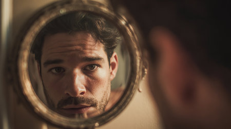 Portrait of handsome young man looking at his reflection in the mirrorの素材