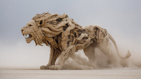 Wooden lion sculpture on a foggy day in the desert.の素材