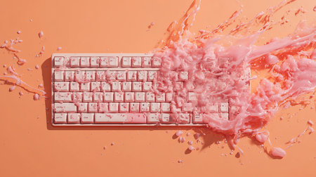 Computer keyboard and pink paint splashes on orange background, top viewの素材
