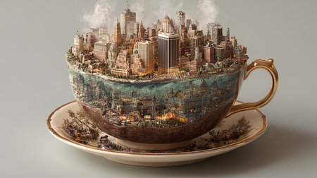 3d rendering of a coffee cup with a city in the backgroundの素材