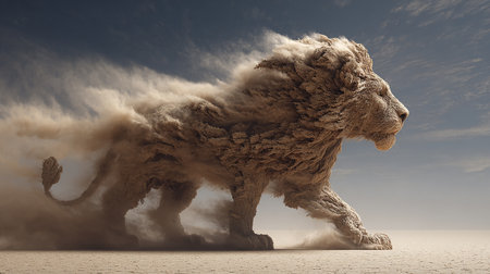 3D rendering of a lion in the desert with clouds in the backgroundの素材